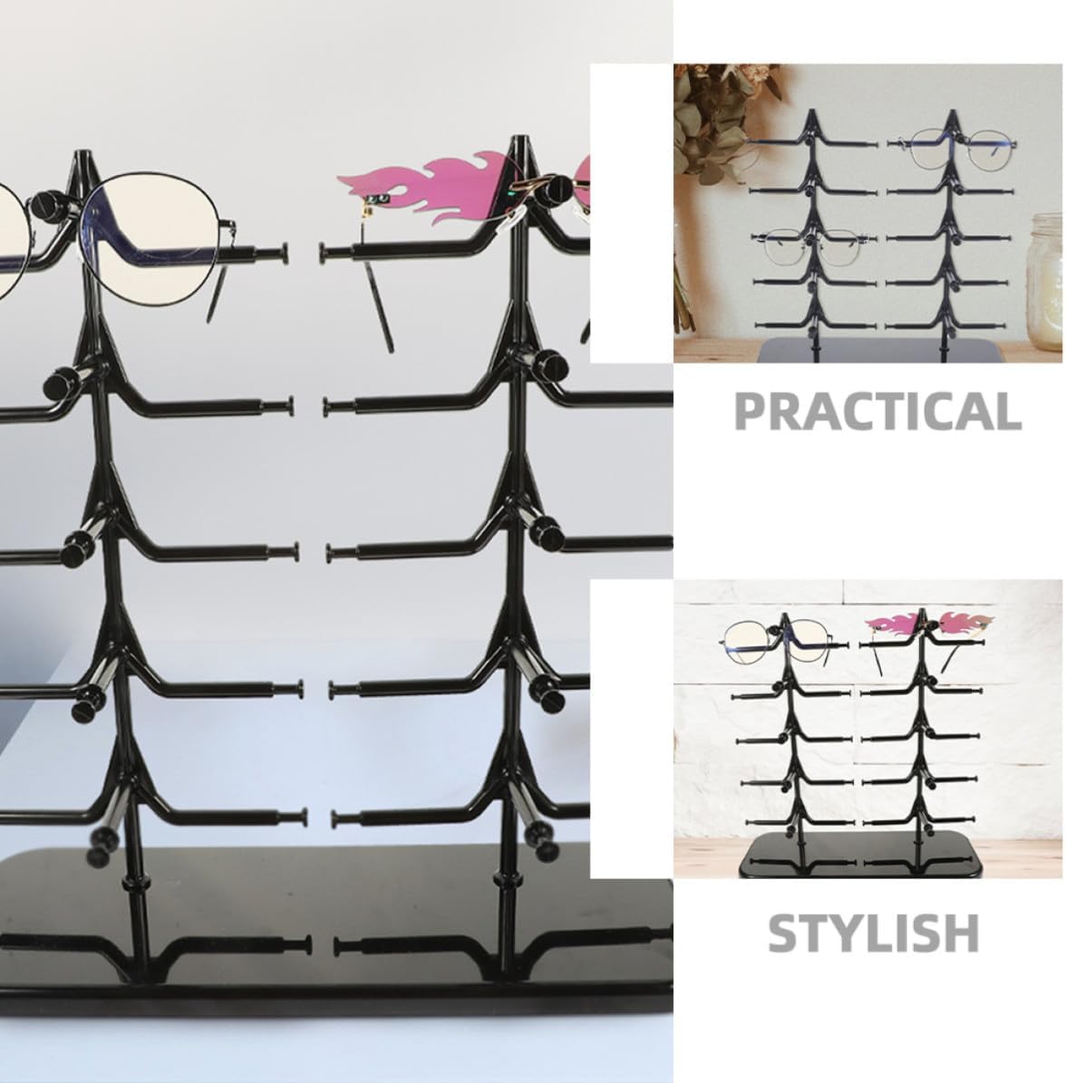 2pcs Black Plastic Glasses Holder Stand with Double Row, Detachable | Room Display Rack, Large Capacity Storage for Glasses and Casual Glasses
