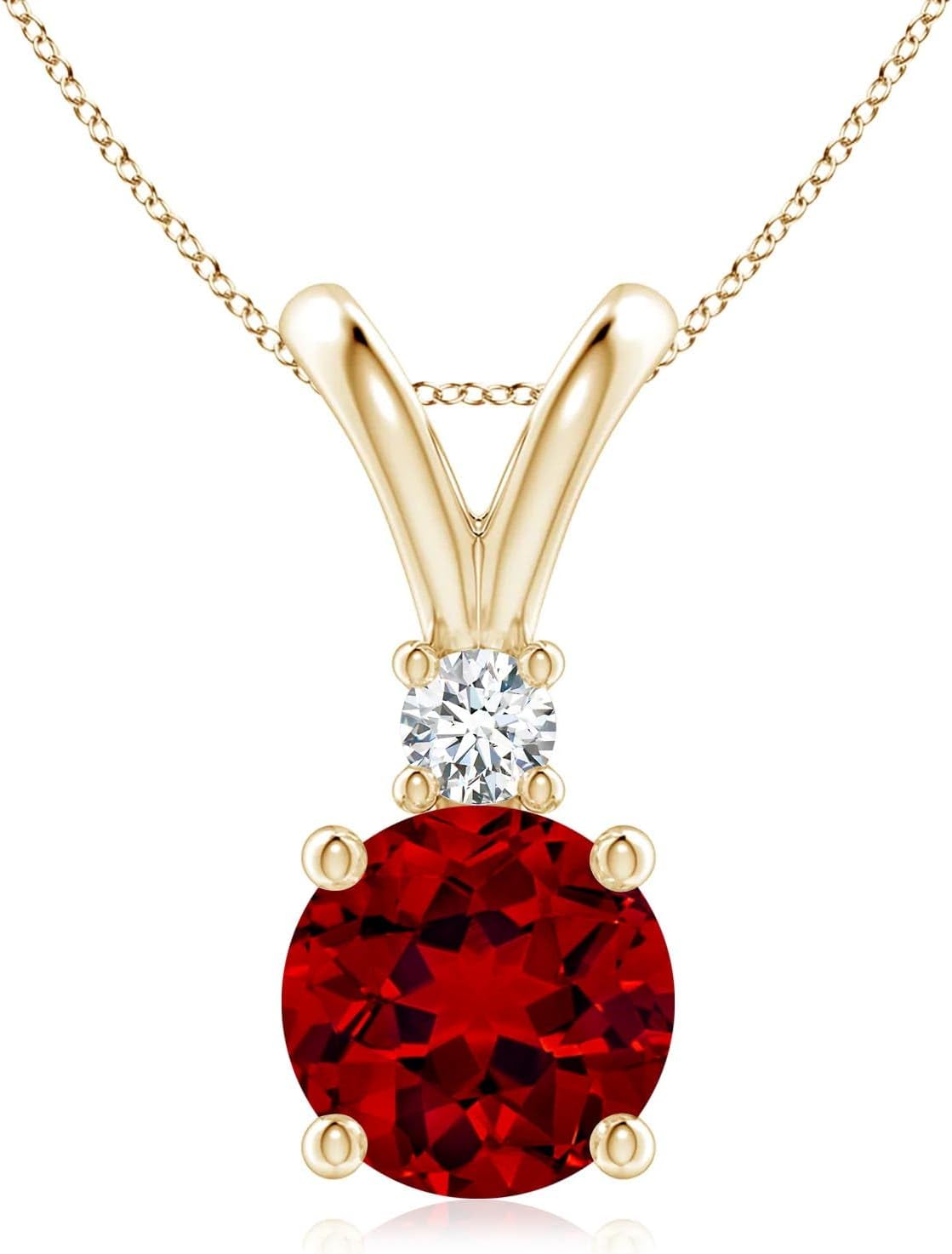 - Lab Grown Ruby Pendant for Women | Lab-Grown Round Ruby Solitaire V-Bale Pendant with Lab Diamond in 14K Solid Gold/Silver/Platinum With 18" Chain | July Birthday, Gemstone Jewelry Gift