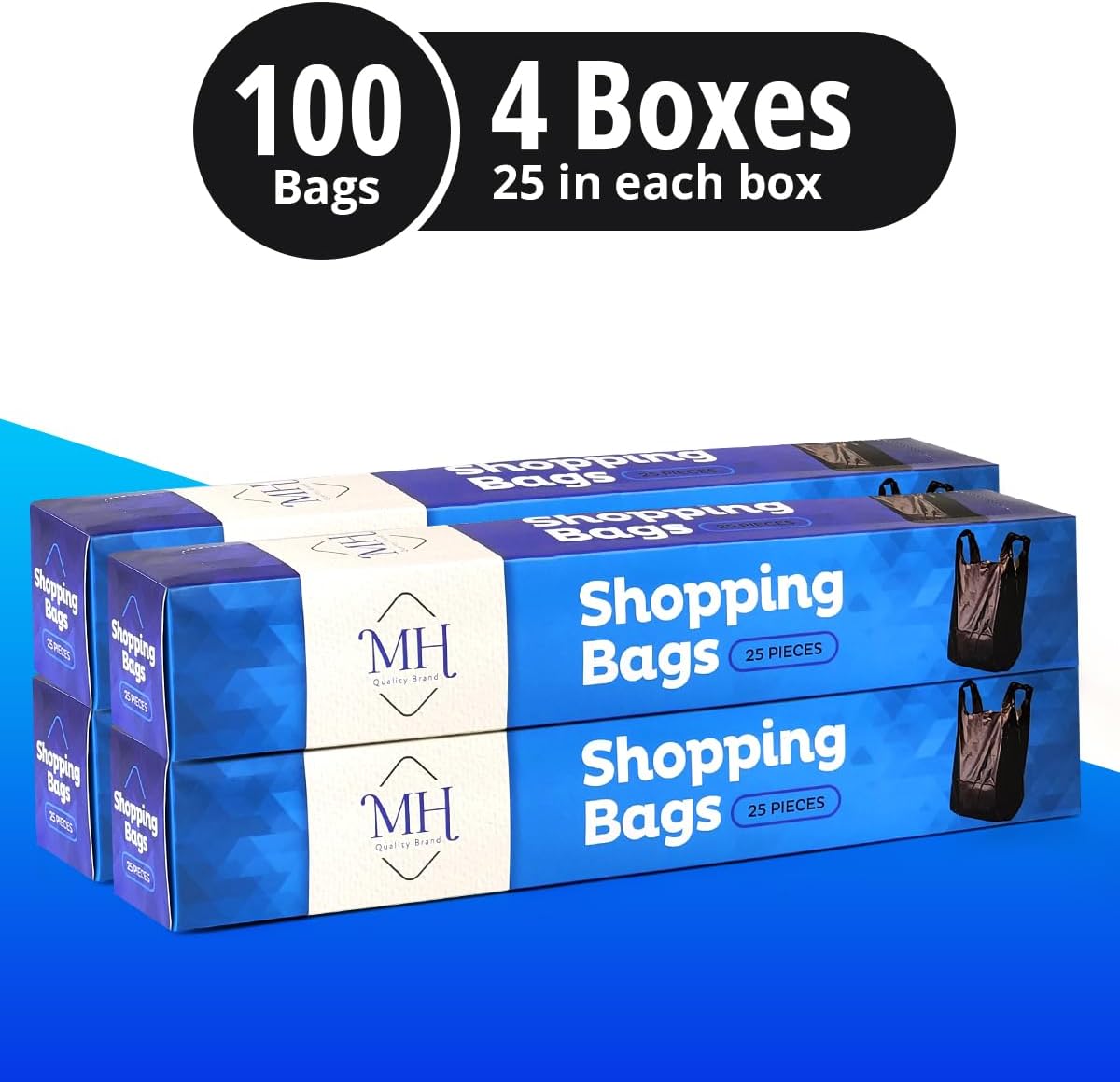 Black Plastic Bags With Handles for Small Business (4 Boxes, 25 Bags - 100 Count), Merchandise Plain Grocery Shopping for Retail Stores, Restaurants - Good Wastebasket for Office, Kitchen