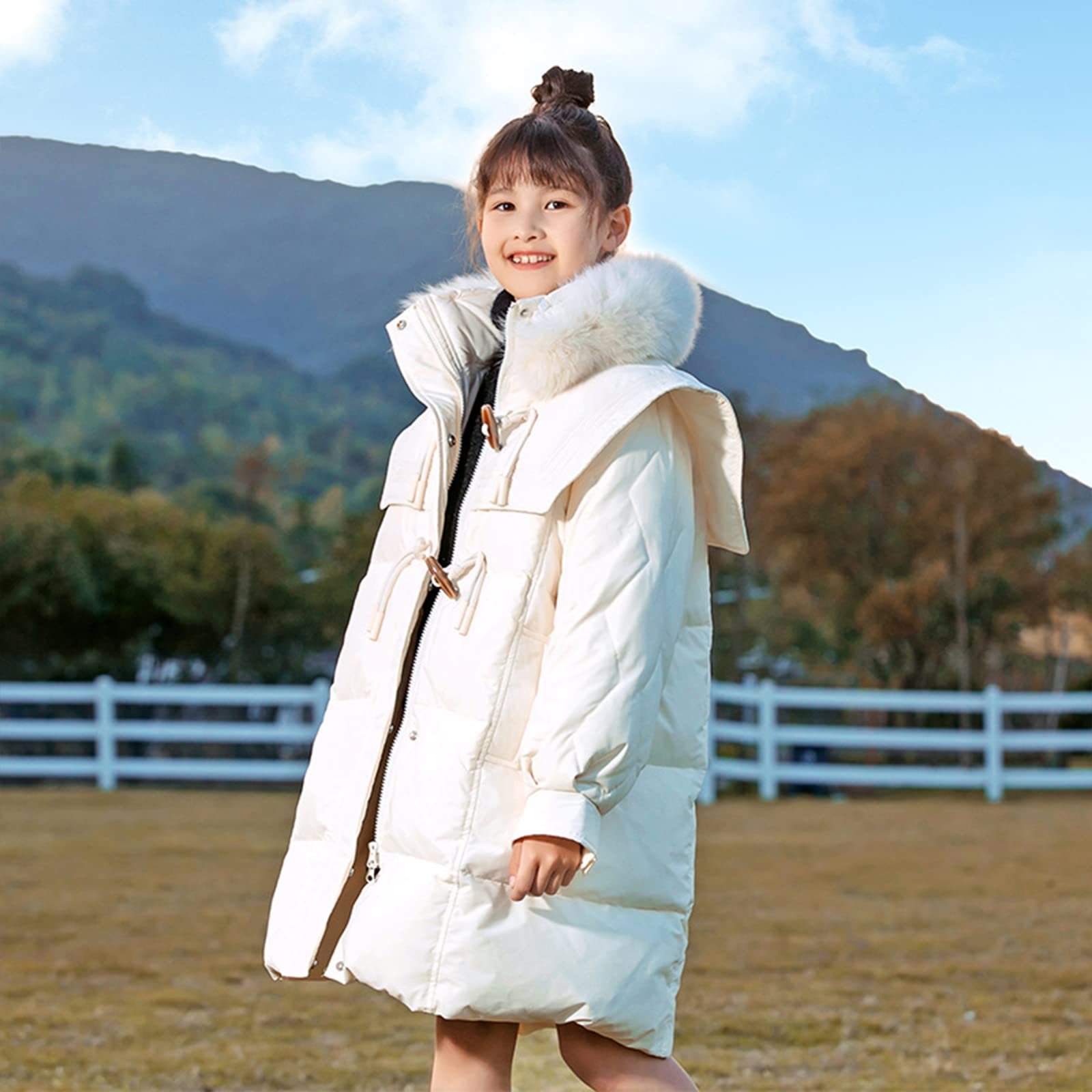 Piumino D'Anatra Bianca da Bambina 90 Piumino Invernale di Media Lunghezza per Bambini Calore Collo di Pelliccia Rimovibile Tessuto Antitrapano,Beige,11(120CM)