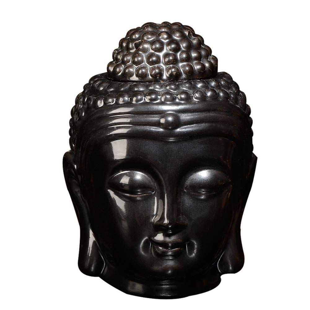Buddha Head Ceramic Hollow Aromatherapy Oven Oil Candle Burner for Yoga or Meditation Room (Black)