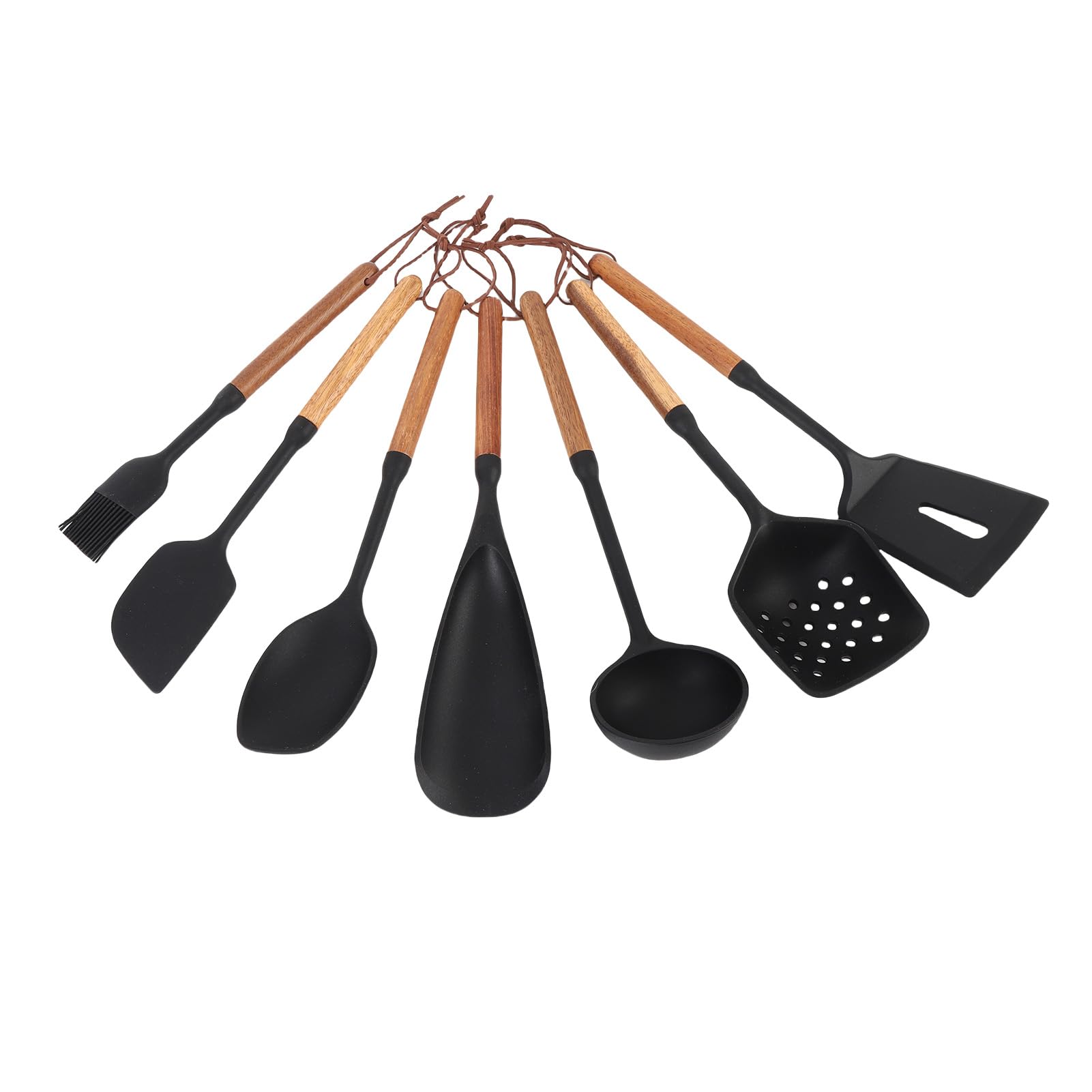 Ensemble D'ustensiles de Cuisine Antiadhésifs en Silicone Résistant à la Chaleur pour Faire Frire le Service Bouillant, 7 Pièces avec Manche en Bois, Spatule de Cuisson, Cuillère Tournante,