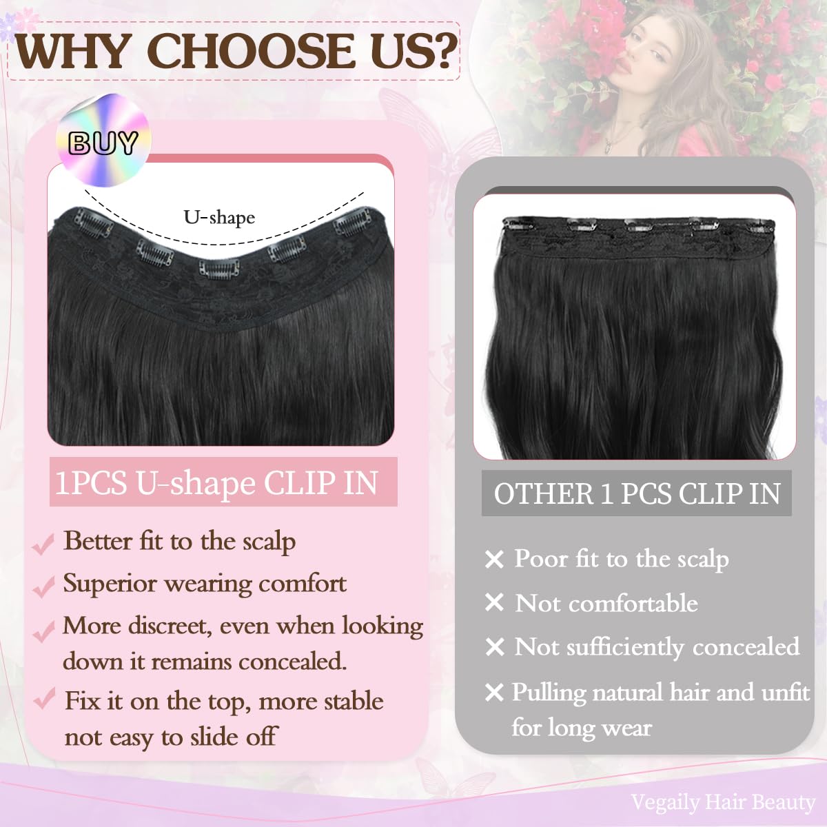 VEGALILY 1PCS Hair Extensions 20inch U-shape Clip in Hair Extension Black Hair Extensions Clip in Layered Wavy Hair Extension Synthetic Hair Pieces for women for Daily Use - Image 4
