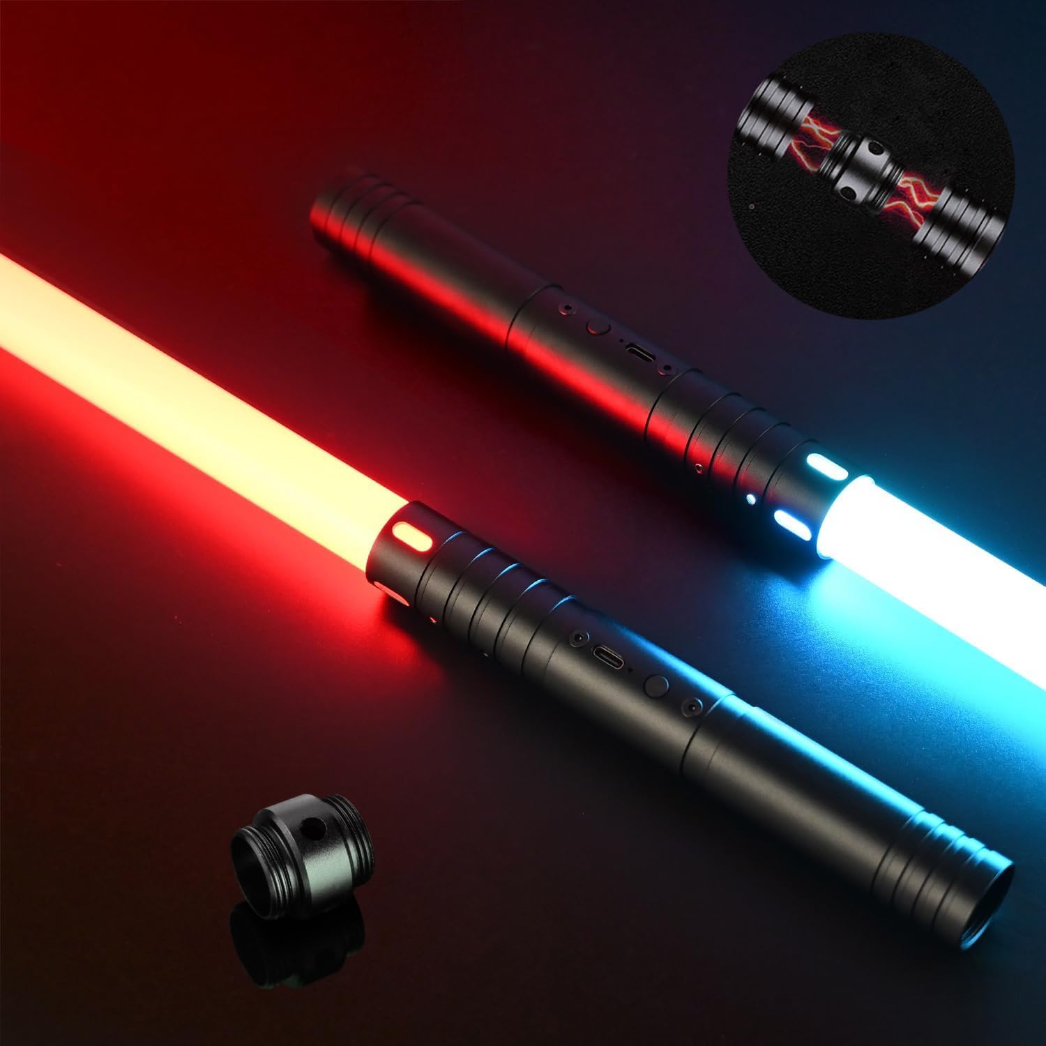 MOZC Sabre Laser, Sable Laser Niño 2 en 1 con 15 colores, Duelo de sable láser para 4 modos y sonidos, sable láser para niños con carga USB-C, si la fuerza esté contigo(Negro)