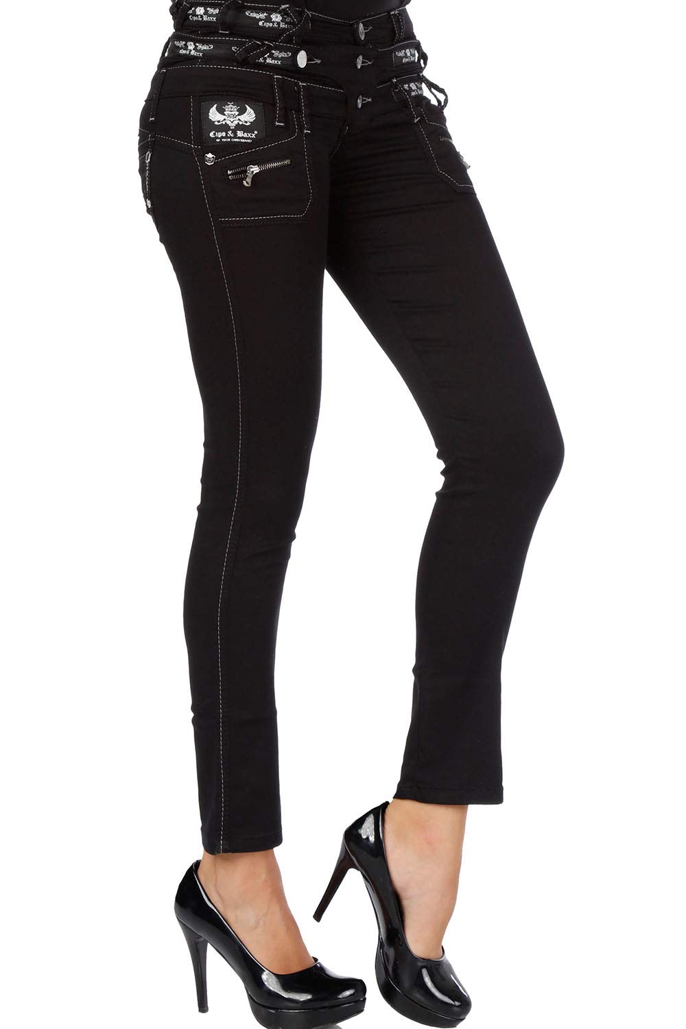 Cipo & Baxx Damen Jeanshose – Damenjeans mit Used Look & Destroyed Style, Modische Hose mit Patches, Nieten & Zierdetails