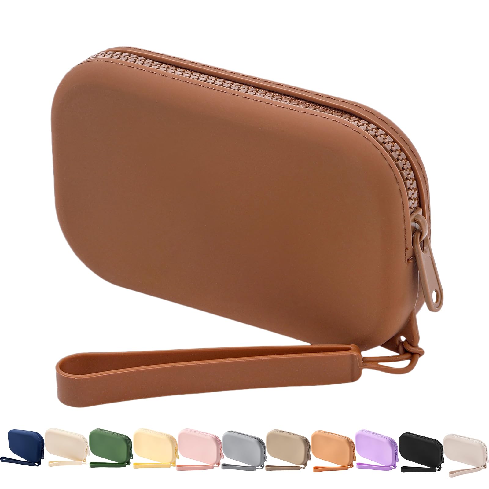 WHHJM Small Silicone Multifunctional Essential Bag Portable Travel Makeup Bag for Women Men Cards Cash Bag Zipper Pouch (Brown)