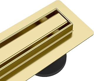 AQUAUNO Slim Edelstahl-Duschrinne 90 cm Gold – extra schmal – hohe Ablaufleistung (49 l/min) – mit 360° Drehsyphon – super flach (57 mm) – Komplettset für bodengleiche Duschen im Badezimmer