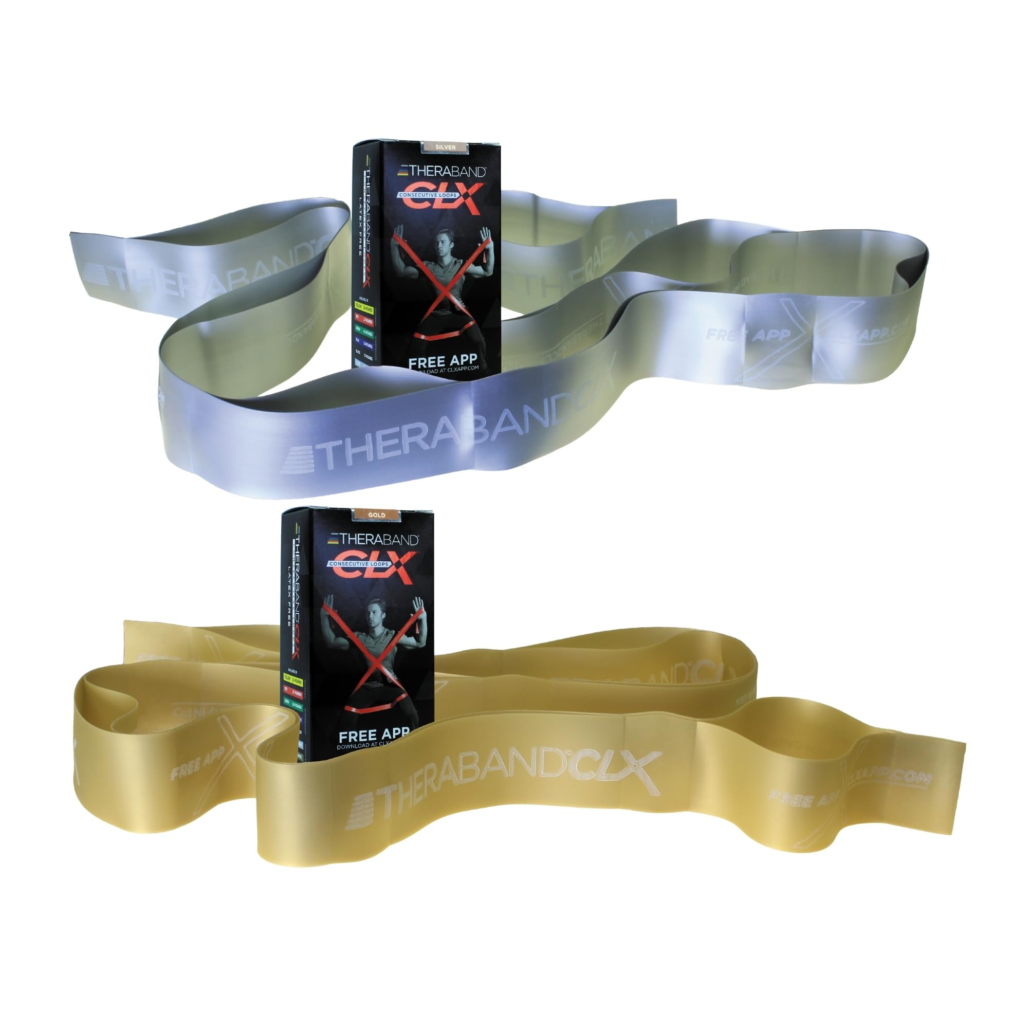 theraband clx resistance band with loops, 2 pack fitness band for home exercise and workouts, portable workout, functionality for athletes, 5’ consecutive loops, 2-pack hard intensity silv-gold