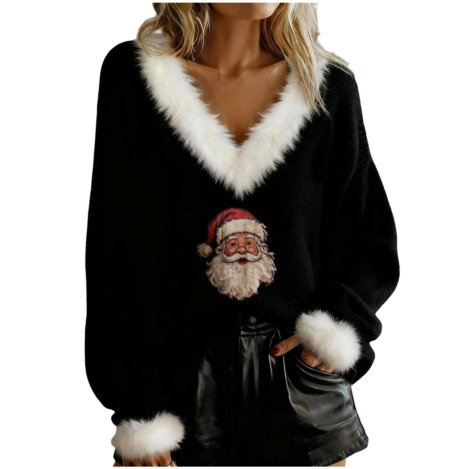 Ugly Christmas Sweater for Women Fur Trim Top V Neck Holiday Attire Fall Winter Couples Festive Casual Pullover