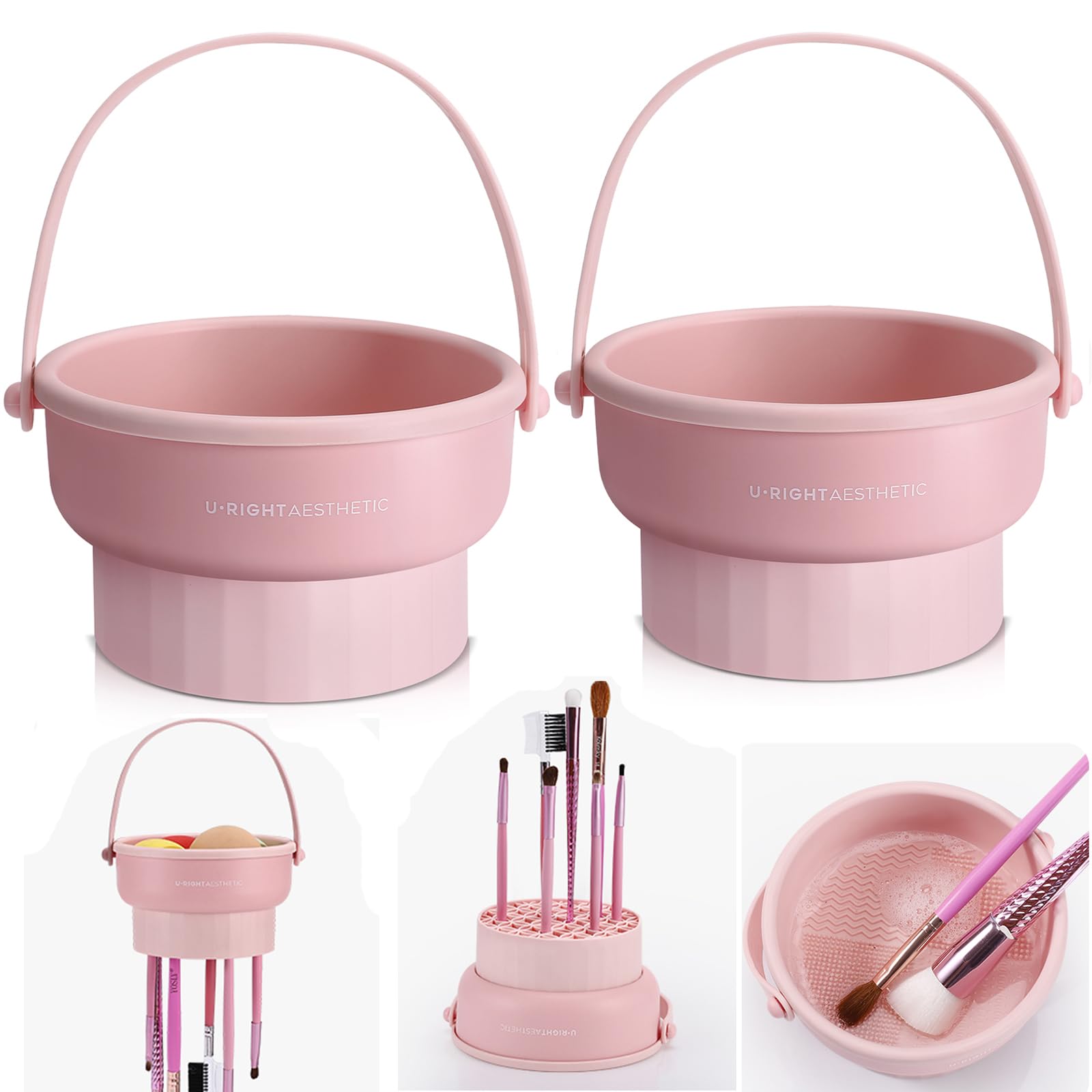 Paquete de 2 alfombrillas limpiadoras de brochas de maquillaje 3 en 1 de silicona, limpiador de brochas de maquillaje, cuenco de limpieza, esponja para limpiar, almacenar y secar boca abajo (rosa