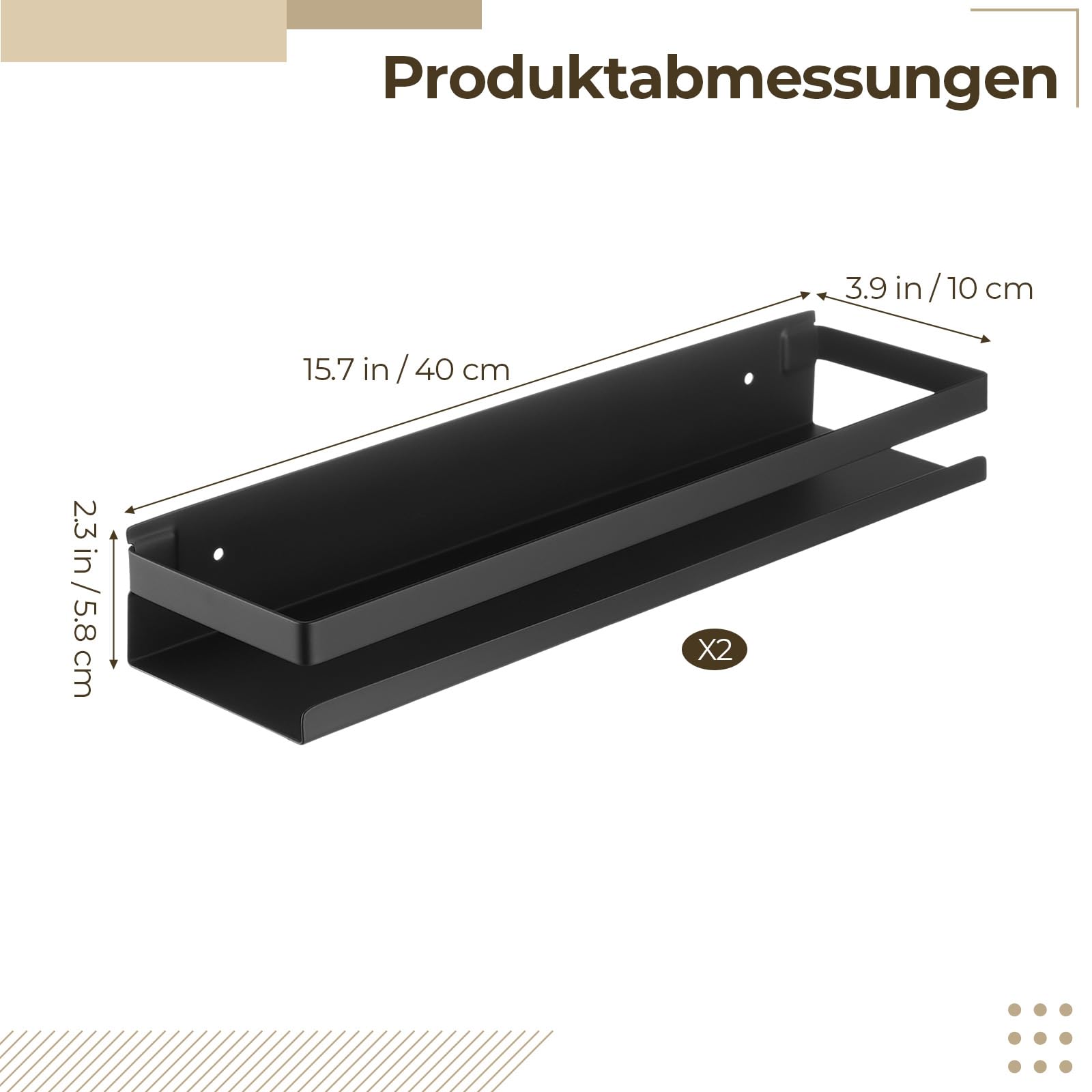 2 Stück Gewürze Rack, 15,7 x 3,9 x 2,3 in Wandhalter, SUS 304 Edelstahl Keine Bohrer Gewürze Racks, rostdichtes schwarzes Metallregal für Küche Badezimmer Wohnzimmer Balkon Organizer