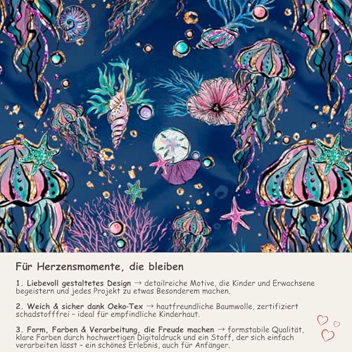 50x150cm Unterwasserwelt Baumwollstoff - Damen und Kinderstoffe aus 100% Baumwolle - Stoffe zum Nähen für Kinder - Meerestiere Muscheln Fische Kinderstoff - Premium Baumwollstoffe - keine Meterware