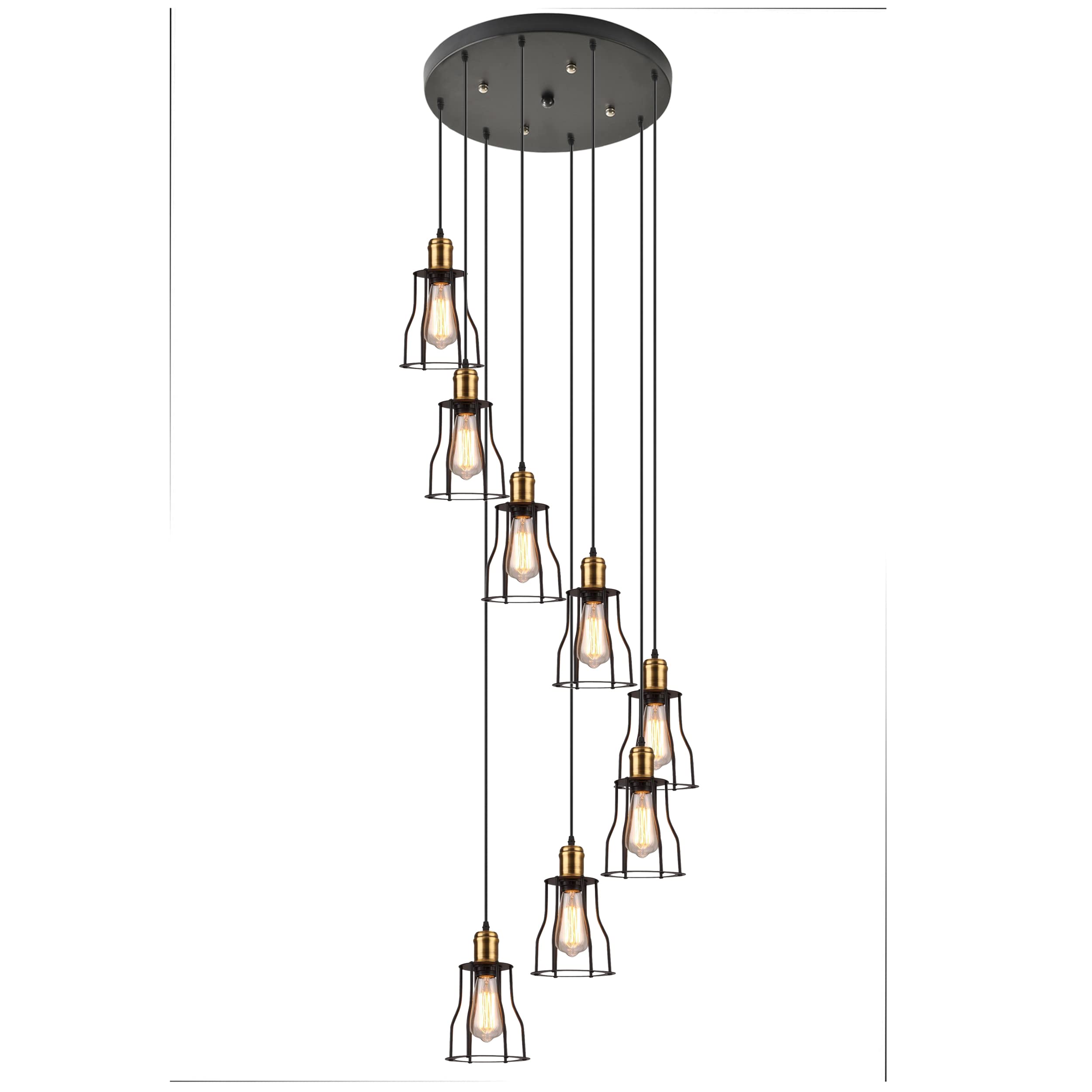 FYZDLAOR Retro 8-Light Chandeliers High Ceiling Industrial Cage Style Pendant Lights Fixture Dome Flush Mount Hanging Long Chandelier for Foyer Entryway Stairwell Ceiling Lighting