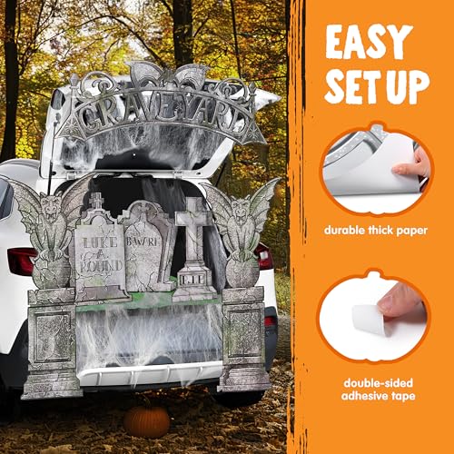 Image of JOYIN Halloween Tombstone Trunk or Treat Car Garage Decoration Outdoor with Gargoyles, Arch Monument, Spider Web and Non-Woven Fabric for Entryway Archway Haunted House Decor