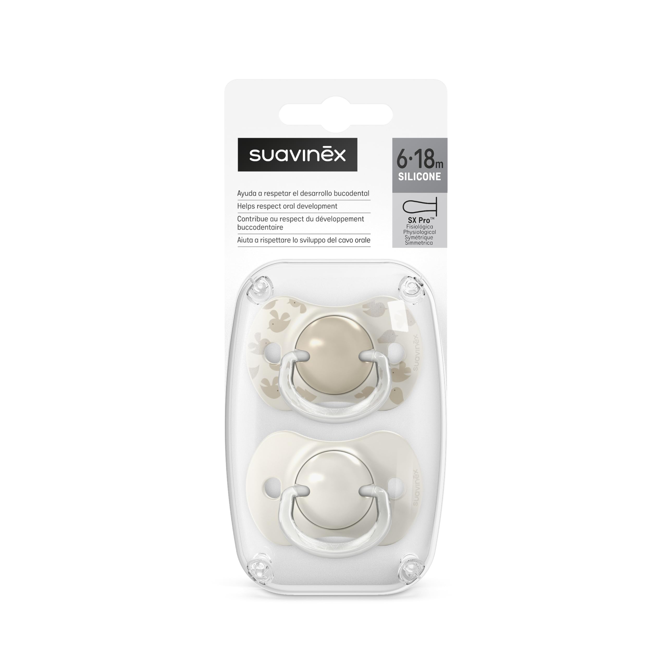 Suavinex, Lot 2 Sucettes Bébés 6/18 Mois, Tétine Symétrique SX Pro en Silicone, plus Plate et Flexible, Réversible, Respecte le Développement Buccodentaire, Birdies Gris - 4