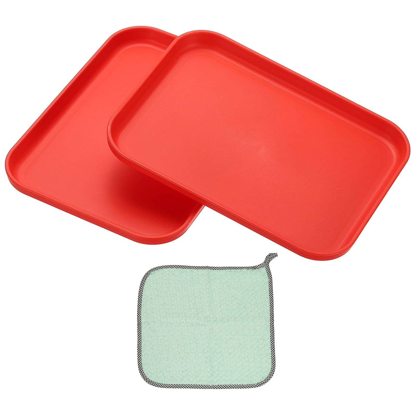 PATIKIL 7.9x5.9 Plastic Tray, 2 Pack Rectangular Plates Small Food Tray Wheat Plates Dishes Reusable Dessert Plate Trays with Cloth for Cake Fruits Salad Cupcake Steak Serving Red