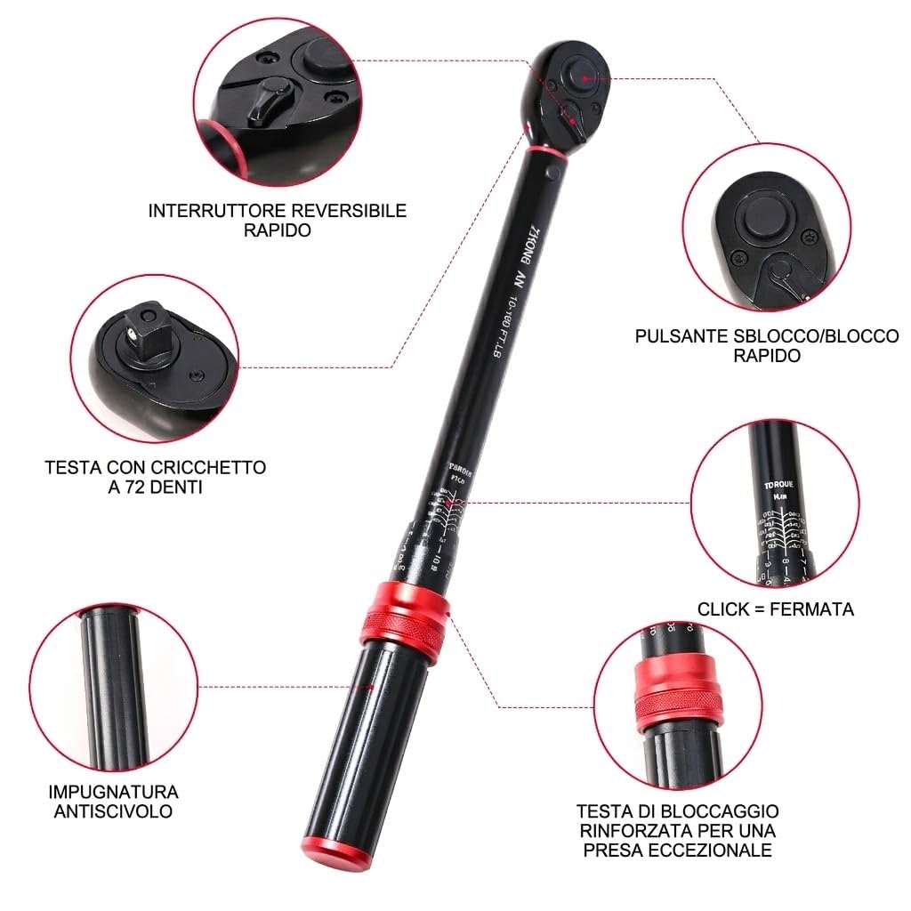 Set Chiave Dinamometrica Professionale 1/2", 13,5-217 Nm (10-160 ft-lb) con Bussole 17/19/21mm, Prolunga e Adattatori (1/4", 3/8"), Cricchetto di Precisione per Auto, Moto e Officina | Con bussole da 17/19/21 mm, prolunga da 12,7 cm, adattatore da 1/2" a
