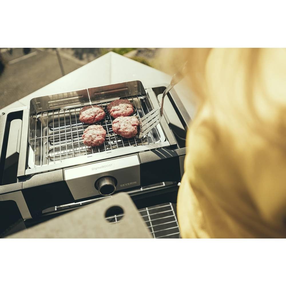 Severin grill elektryczny stojący, balkonowy, tarasowy, temperatura od 0°C do 500°C, dioda LED, duża moc 3000 W, przewód 2 m, stal niedzewna/czarny, SENOA BOOST S PG 8117