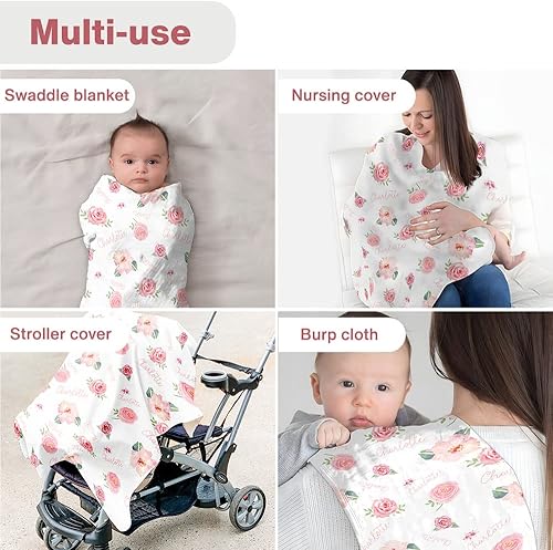 Miniatura 3 de TEEMAN Manta de bebé personalizada con rosas para niñas, diseño floral rosa con nombre personalizado, decoración de guardería, baby shower o cosas,