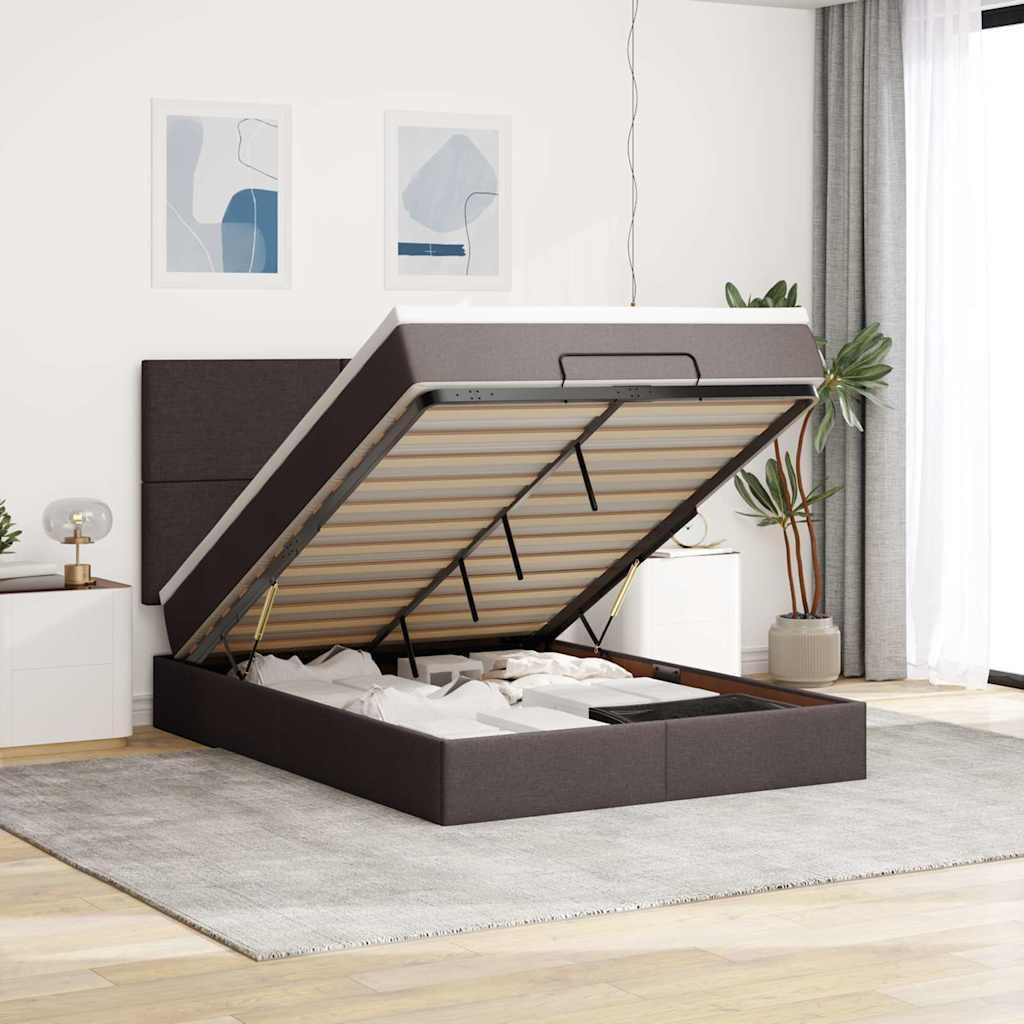 Cama otomana de 140 x 200 cm, color marrón oscuro, somier, colchón ortopédico de 20 cm, espacio de almacenamiento