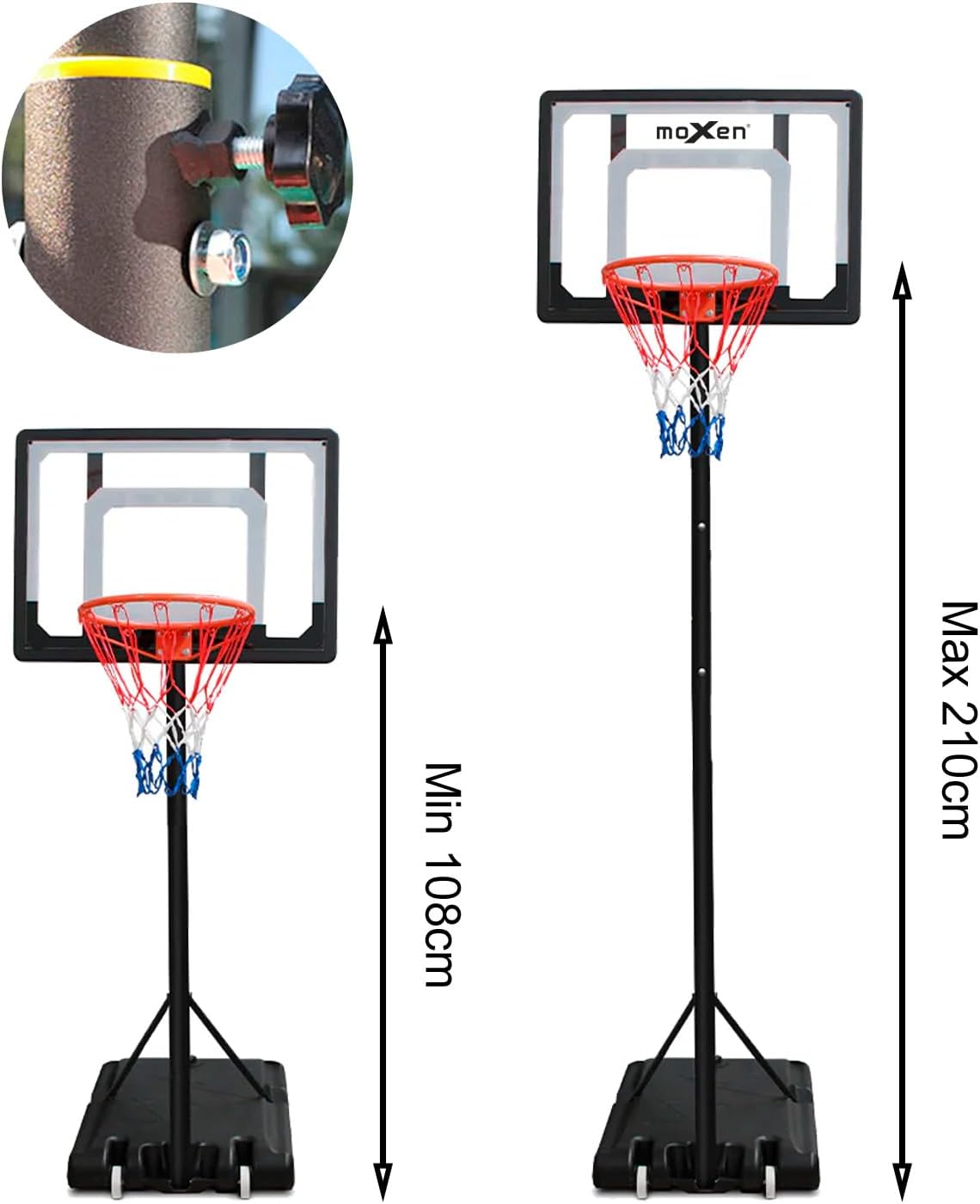 Moxen Raptors Portable Basketball Hoop showing minimum and maximum height