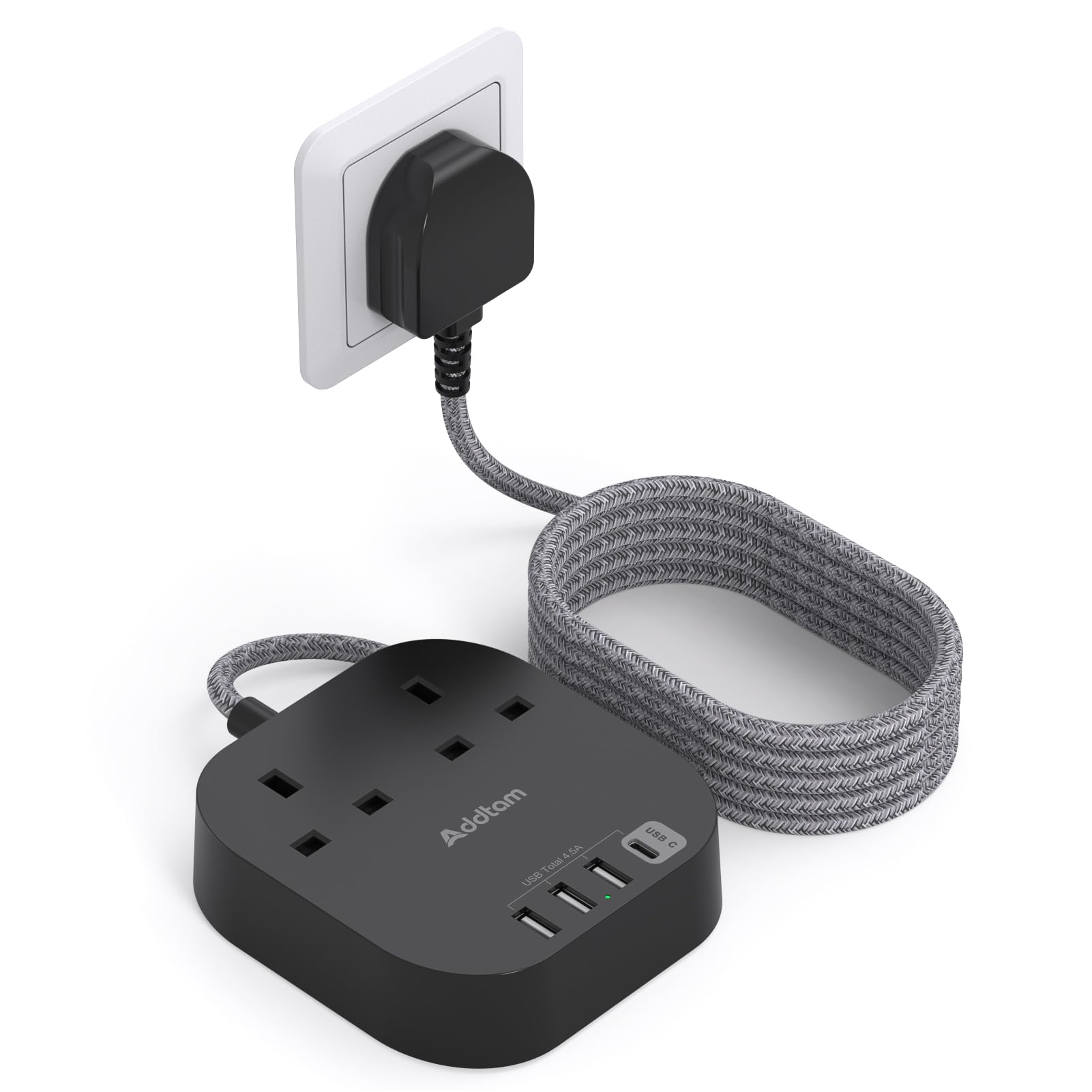 Extension Lead, Power Strips with 2 Way Outlets 4 (4.5A, 1 Type C and 3 USB-A Port) Surge Protection Plug Extension Socket with 3 Meter Braided cord for Home Office (Black)