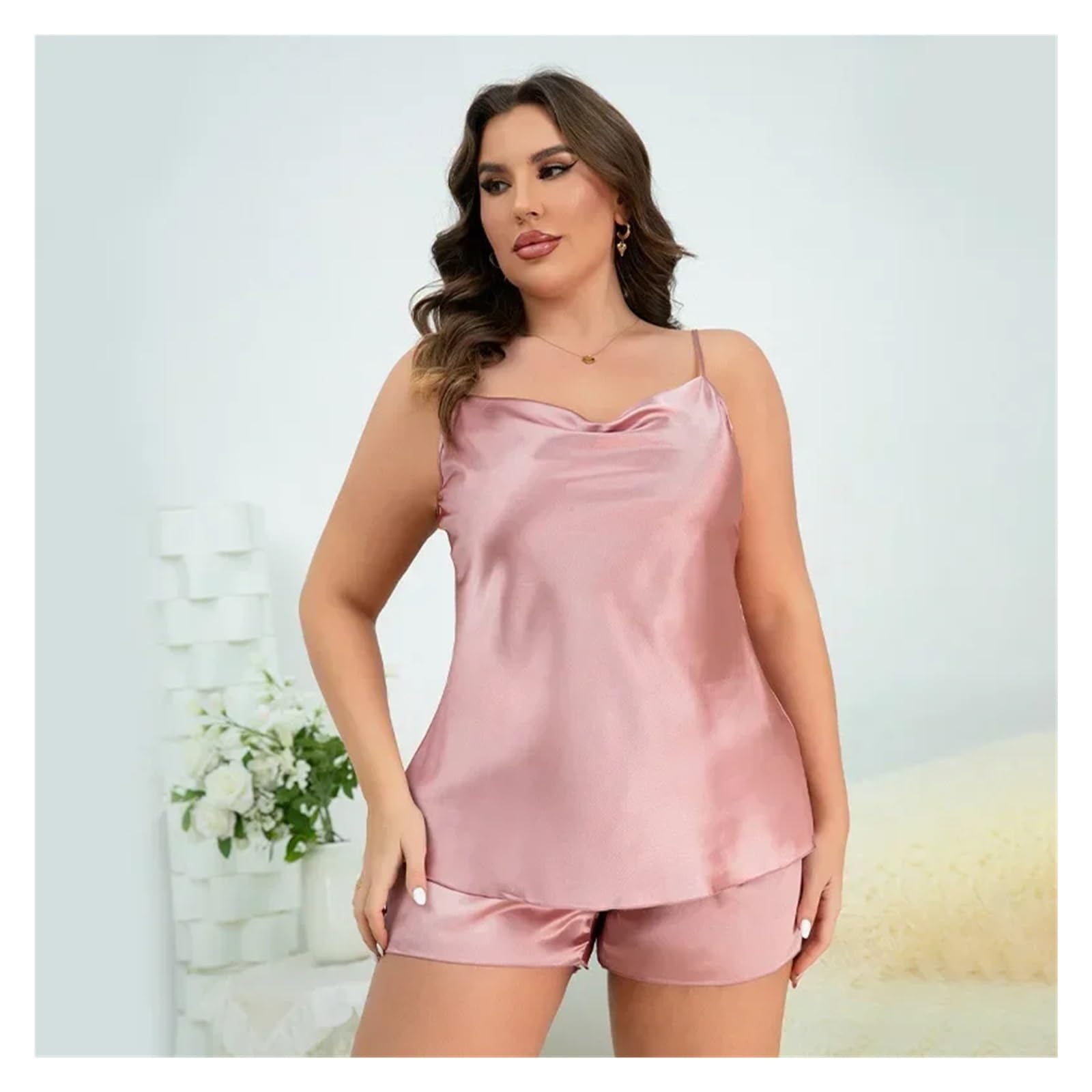 Pigiami Sexy Bretelle Pigiama da Donna in Raso di Seta Taglie Forti, Senza Maniche, con Scollo a Cappuccio, Pantaloncini, 2 Pezzi, Tinta Unita, da Notte, da Donna, for la casa