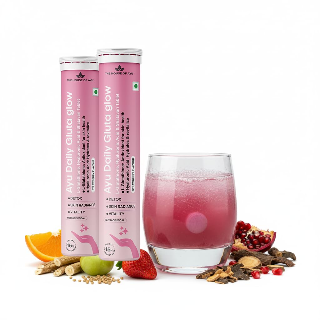 AYU Daily Gluta Glow Effervescent Tablets for Skin Brightening & Hydration | L-Glutathione, Hyaluronic Acid,Shatavari & Vitamin C | Strawberry Flavour