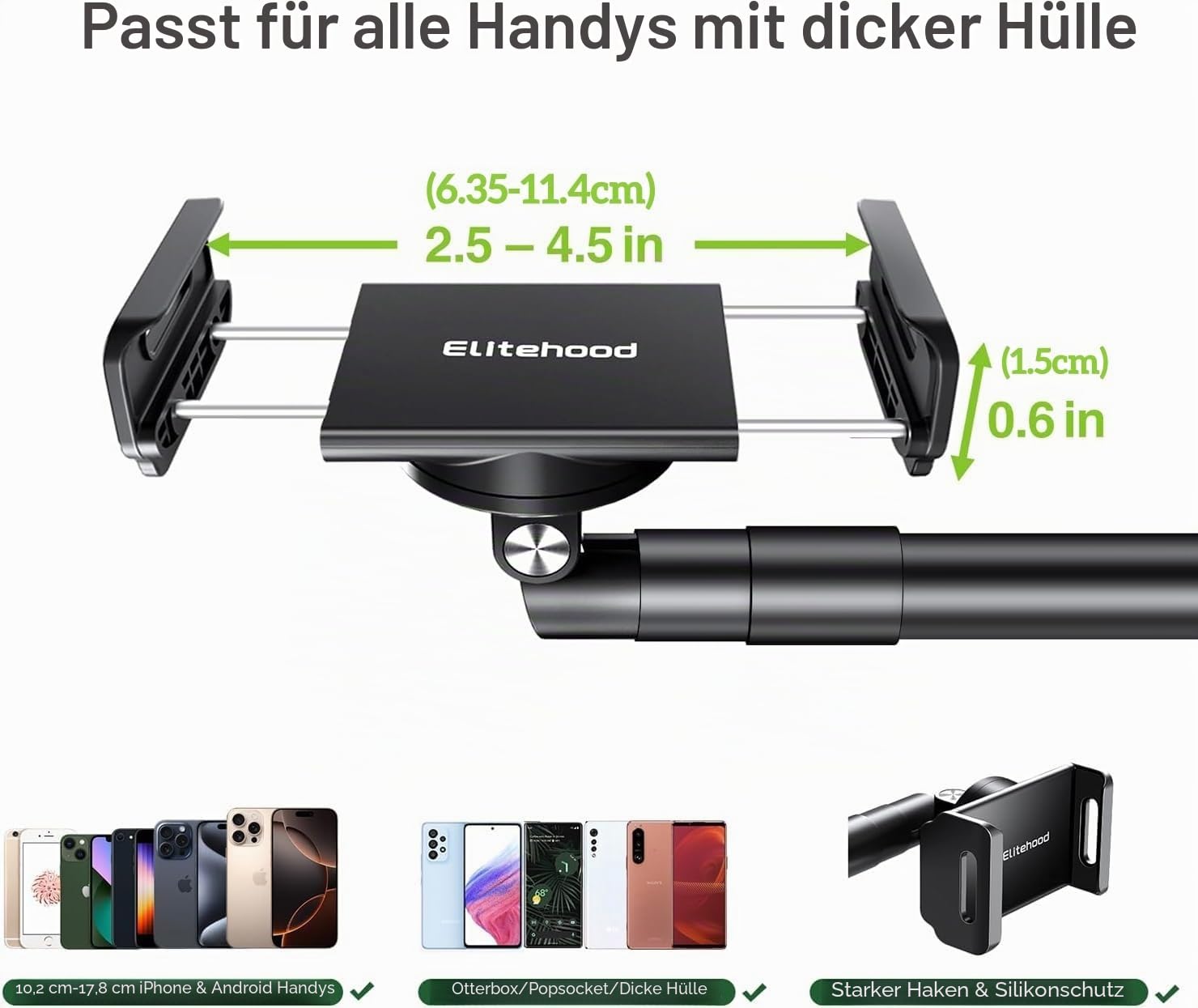 elitehood Handyhalterung Tisch zum Filmen mit Robuste Basis, Höhenverstellbar Overhead Stativ Handy Ständer zum Filmen, 38cm Langer Arm Handyhalterung Schreibtisch für iPhone 15 14 13, Android Handy