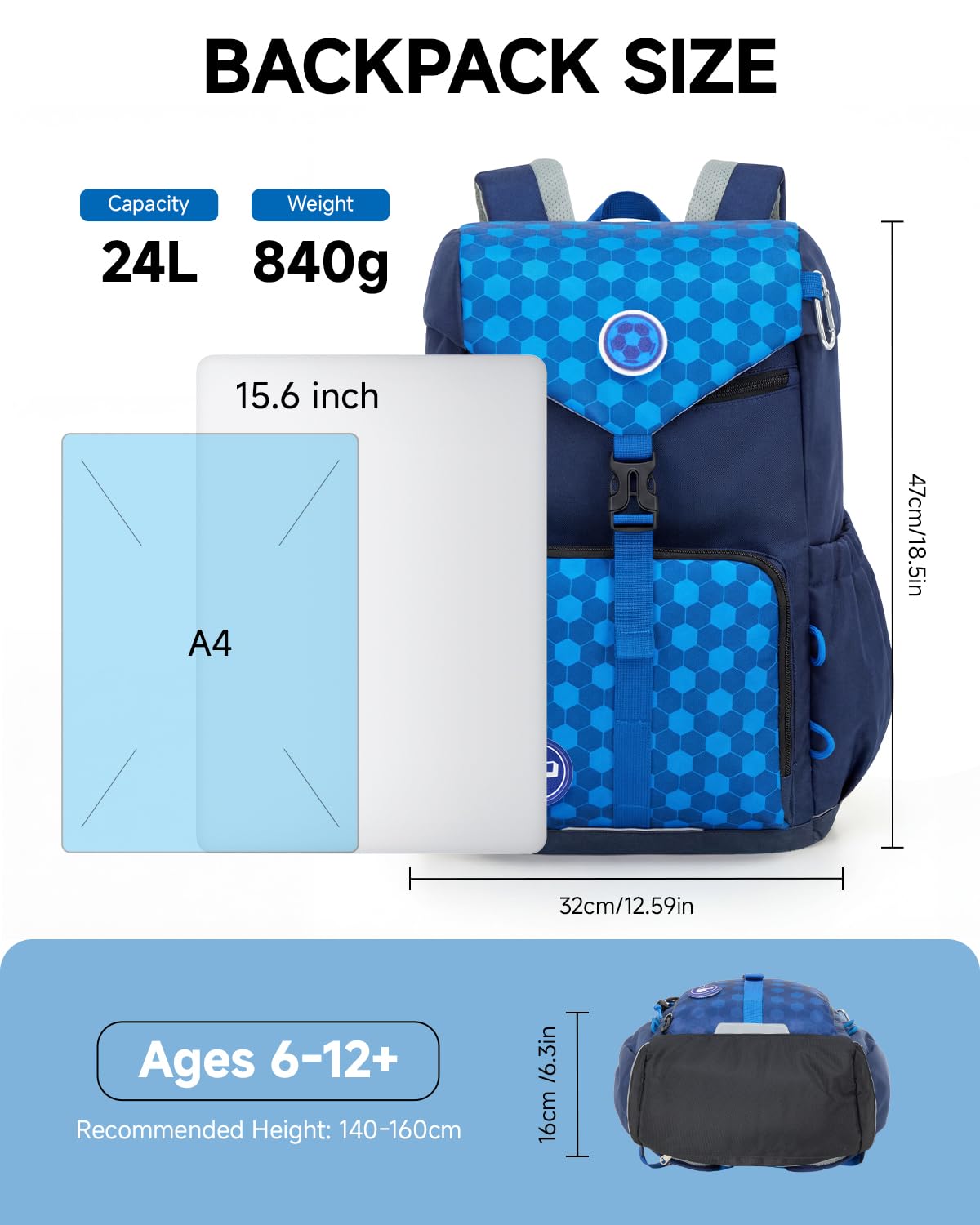 Amythe Zaino Ergonomico Ragazzo dalla 1a Elementare Scuola Outdoor | Zaino Ergonomico Bambini 6-12 Anni Cintura Copertura Supporto Lombare