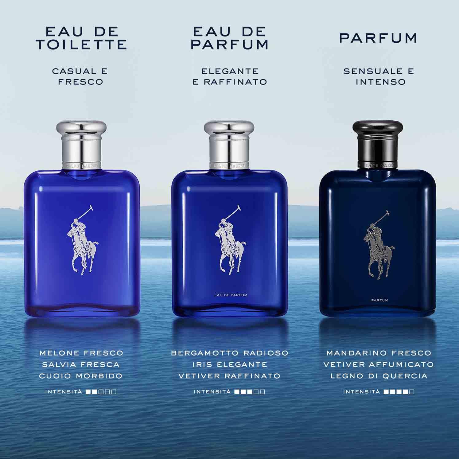 Ralph Lauren Polo Blue Eau de Parfum, Profumo Uomo Legnoso e Sofisticato, Fragranza Maschile Intensa ed Energizzante, Note di Bergamotto e Iris Blu, A Lunga Durata, Profumo di Lusso da Uomo, 75 ml