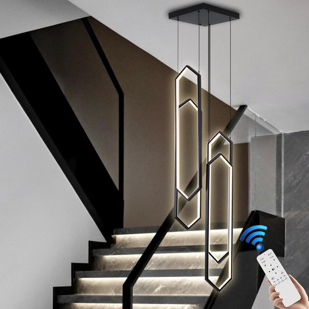 Lustre moderne salon 6 anneaux LED noir réglable pour grand escalier