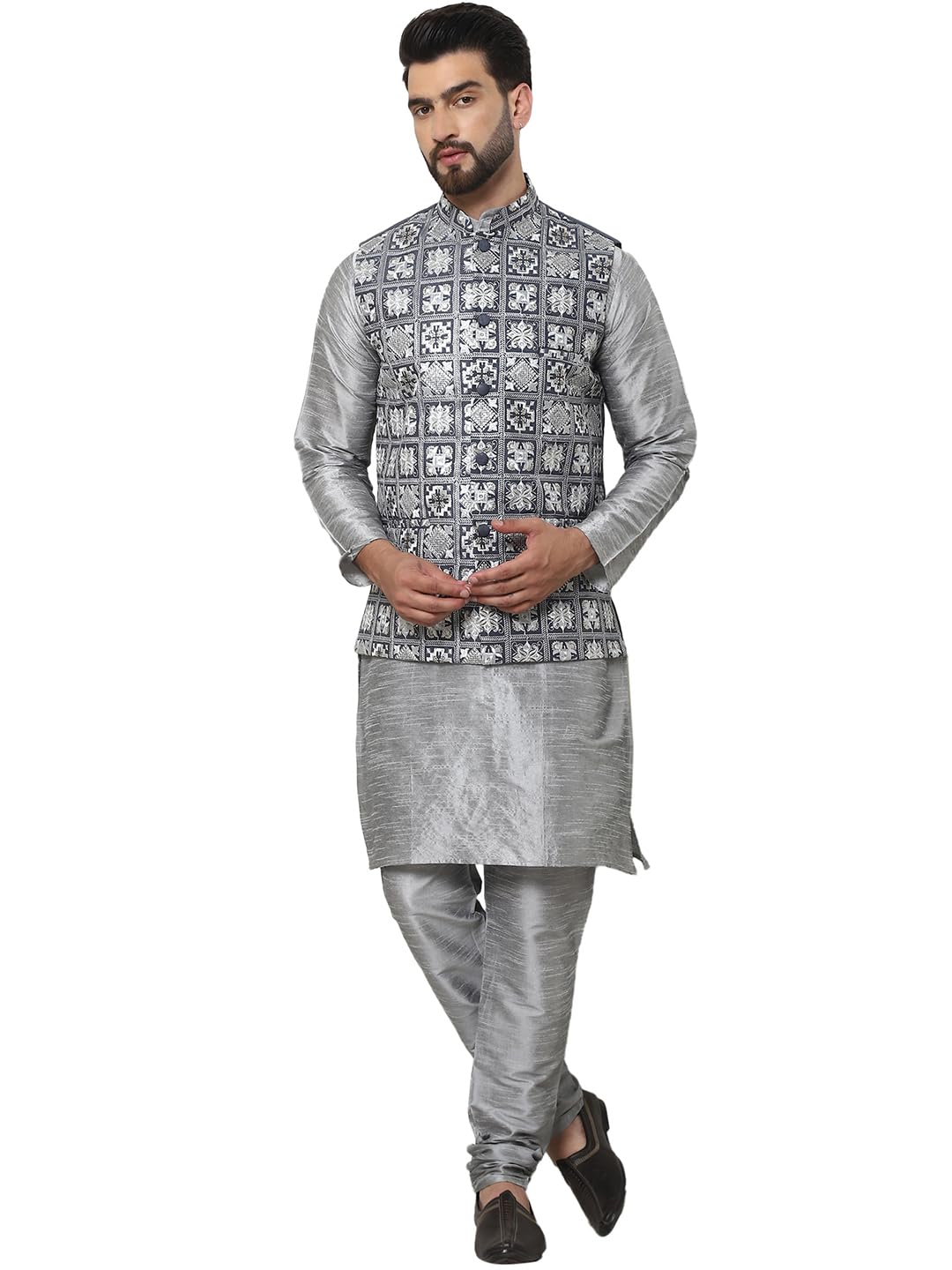 sojanya (Since 1958 Men's Silk Blend Solid Kurta and Pyjama with Embroidered Nehru Jacket-picture-16