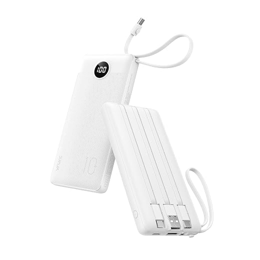 VRURC Portable Charger Built in Cables, Slim Power Bank 10000mAh, Multi Devices Charging Bank with Lanyard, USB C Battery Pack 5 Outputs for for All Cell Phones Devices, Samsung,Android-White(1 Pack)