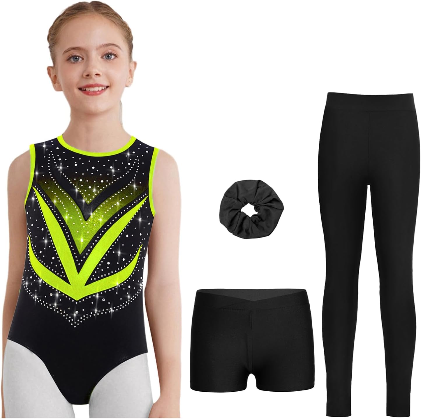 FEESHOW 4Pcs Gymnastic Suit for Girls Sparkly Contrast Color Ballet Dance Tank Unitard with Shorts Leggings Hairband Set