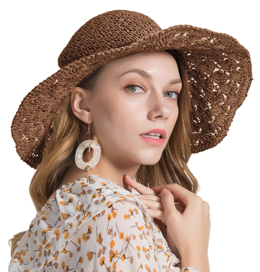 Haozaikeji Women's Khaki Floppy Straw Hat Summer Sun Visor Hats Breathable Foldable Wide Brim Beach Sun Hat With Bowknot Strap Roll Up Straw Visor For Holiday Travel Hiking 56-58Cm