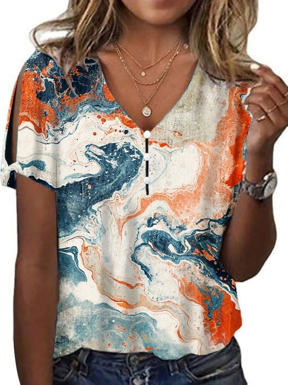 Summer Tops for Women Marble Graphic Fashion Short Sleeve V Neck Blouses Dressy Cas...