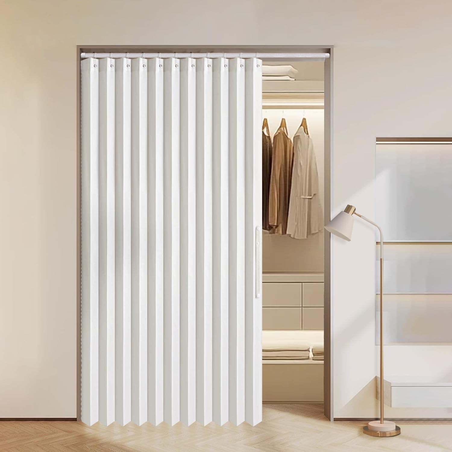 MIULEE Accordion Style Magnetic Folding Door Curtains for Doorways/Closet, Room Divider Pleated Drapes with Hooks for Interior Living Room/Bedroom/Open Closet, White, W52 x L78 inches, 1 Panel-image-9