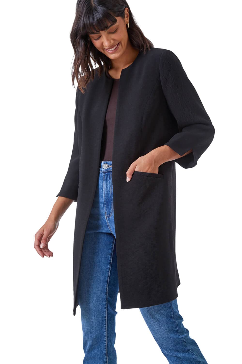 Roman Originals Women's Black Roman Textured Longline Jacket For Uk Reefer Coat Lined Tailored Lightweight Long Autumn Winter Smart Casual Office Work Business Evening Going Out - Size 22