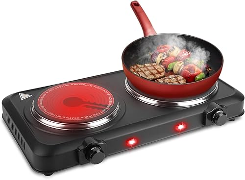 Encimera eléctrica doble quemador, 1800 W con placa caliente de vidrio, control de temperatura continuo, fácil de limpiar, luces indicadoras, estufa