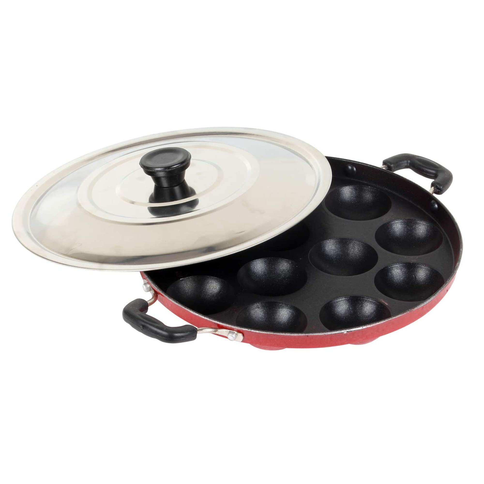 IDEAL PRIME Durable Aluminum Non-Stick 12 Cavity Appam Maker with Steel Lid 22 cm Diameter Rust Proof Appa Pan Appam Patra Paniyarakkal Paniyaram with Side Handles Cookware Pack of 1 2