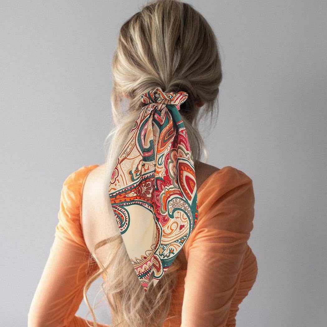 Boho Hair Scarf Scrunchies for Women Bow Hair Ties Floral Hair Scrunchies Silk Elastic Ponytail Holder Hair Accessories for Girls 4 pcs (Boho) - Image 7