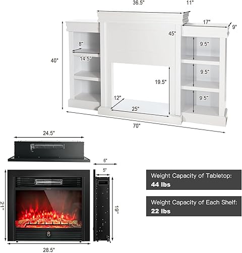 Vista 4 de Tangkula Chimenea de 70 pulgadas, chimenea eléctrica de 750 W/1500 W con repisa y estanterías integradas, chimenea eléctrica de 28.5 pulgadas