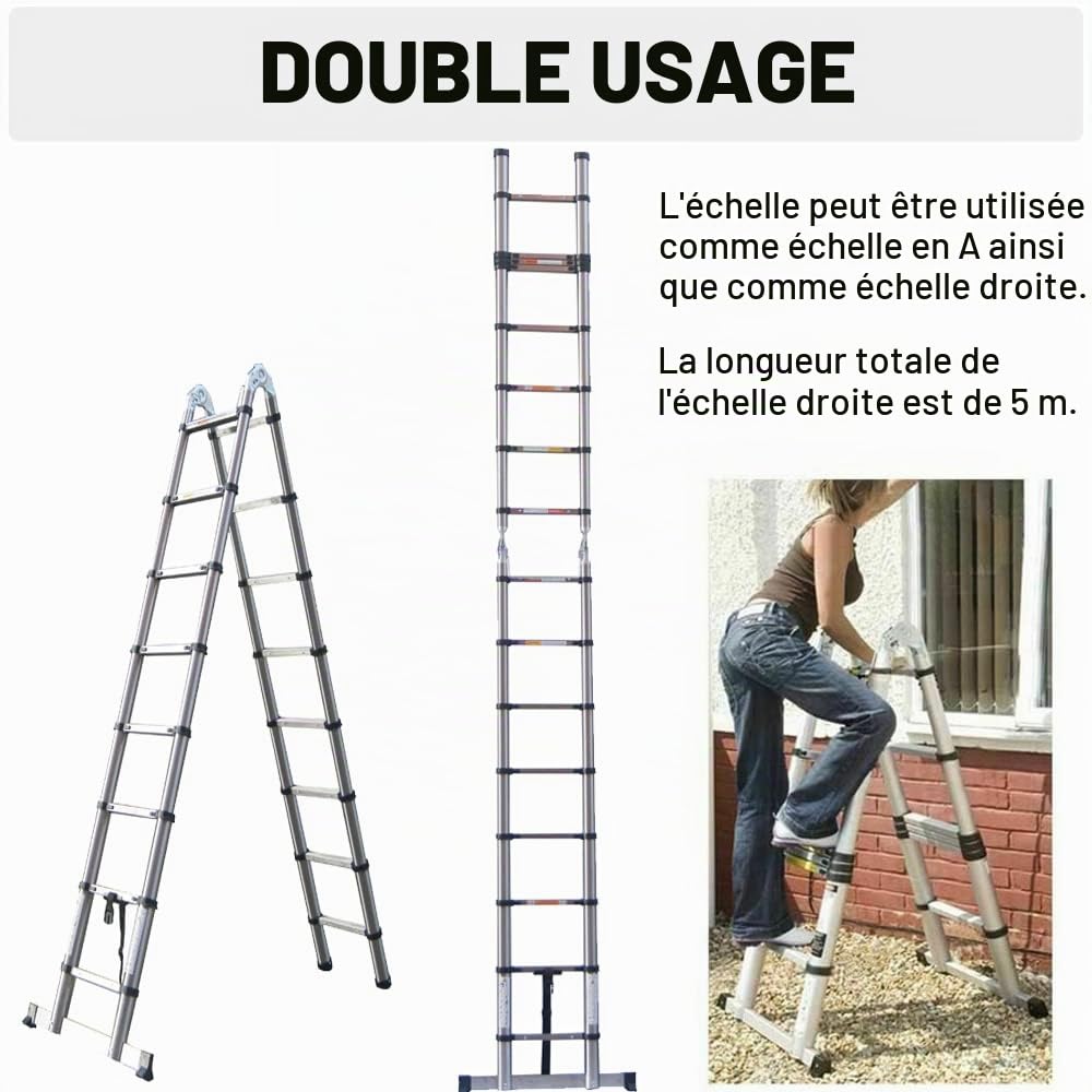 Échelle Télescopique Extensible de 2,5 m+ 2,5 m, Échelle Extensible Échelle Piante en Acier Inoxydable - Cadre en A - avec stabilisateur - 8 + 8 Étapes, Charge maximale 150 kg