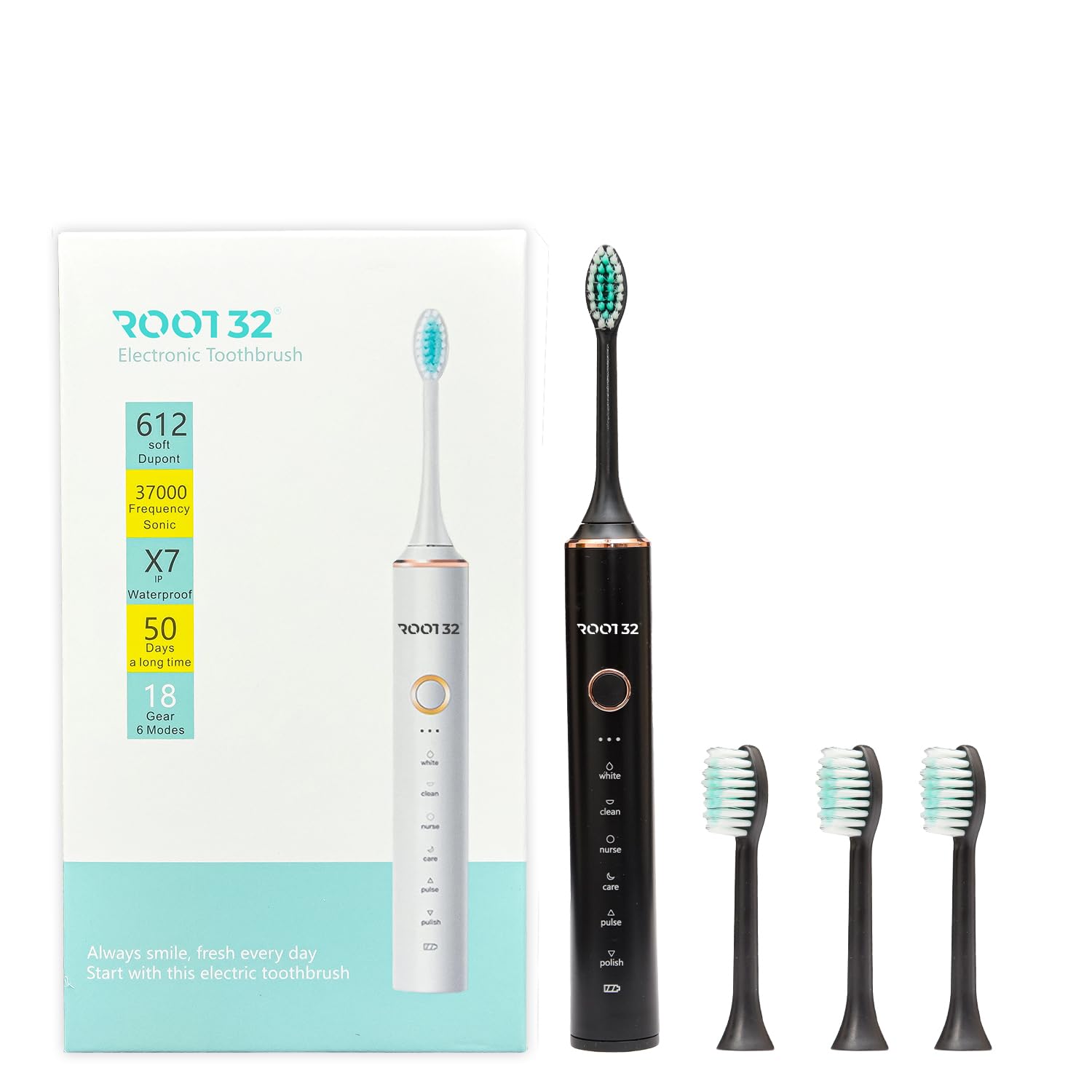Root32 Electric Toothbrush Soft Dupont Bristles Powered Electric Toothbrush Brush 37000 Frequency Sonic Waterproof 6 Modes 4 brush head Adult (Black, Pack of 1)-picture-11
