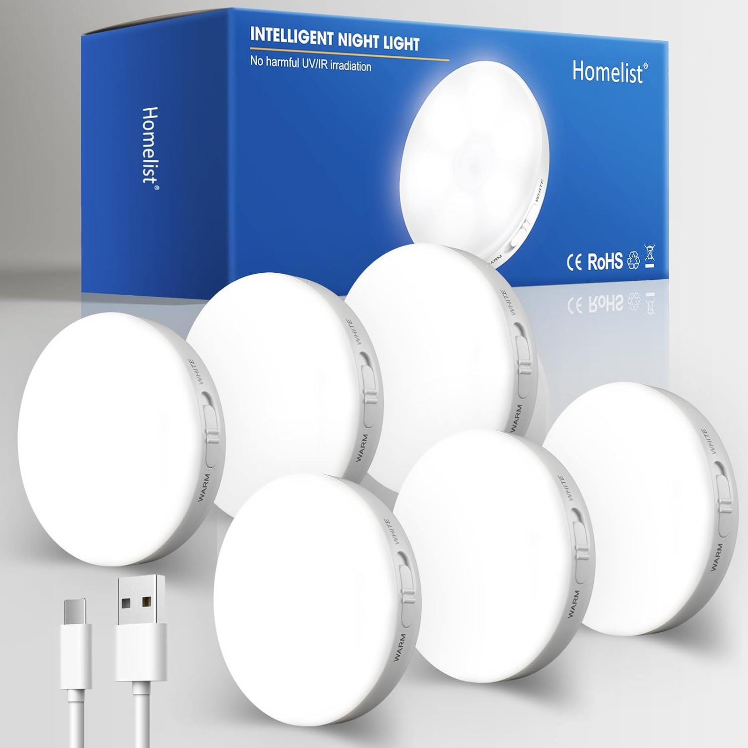 Homelist Luces con sensor de movimiento para interiores, paquete de 6 luces nocturnas LED recargables por USB, luz nocturna con sensor de movimiento inalámbrica para pasillo, escaleras, gabinetes, armarios