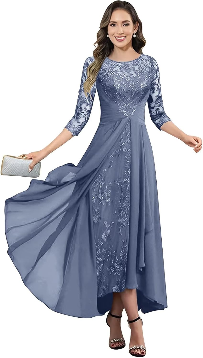 Lace Appliques Mother of The Bride Dresses Tea Length 3/4 Sleeve Evening Gown Chiffon Formal Wedding Guest Dress