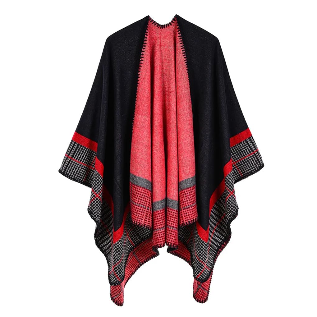 Dninmim Suéter de punto jacquard cálido para mujer, chal, otoño, invierno, casual, ligero, poncho cárdigan