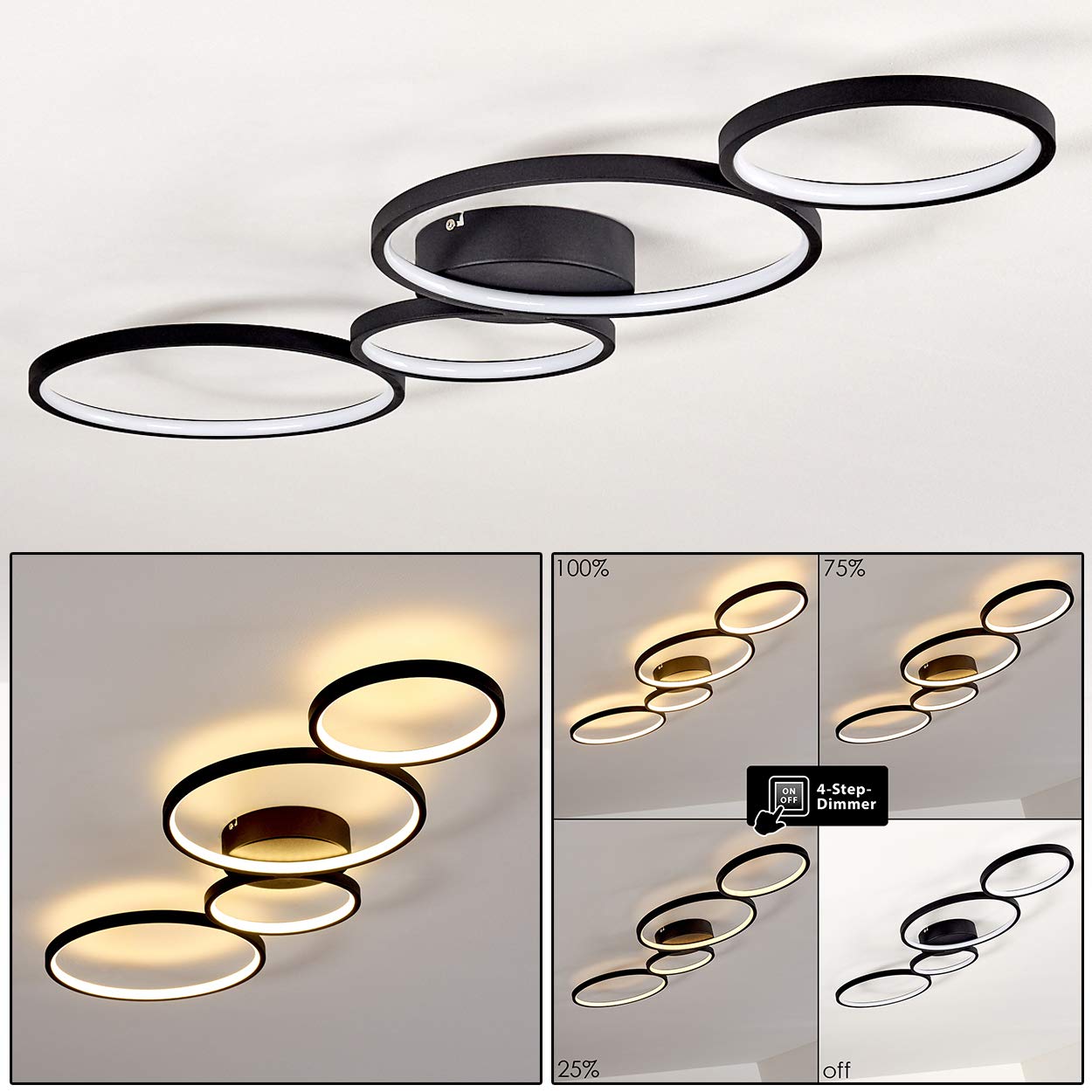 HOFSTEIN LED Deckenleuchte Rodekro, dimmbare Deckenlampe aus Metall in Schwarz, moderne Leuchte dimmbar über Lichtschalter, 37 Watt, 3300 Lumen, 3000 Kelvin, Wohnzimmer, Schlafzimmer, Küche