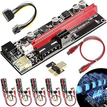Newest VER009S PCIE Riser Express Cable 1X to 16X (Dual-6pin / MOLEX) with Led Graphics Extension Ethereum ETH Mining Powered PCI-E Riser Adapter Card, with 24inches USB 3.0 Cable, 6 Pack